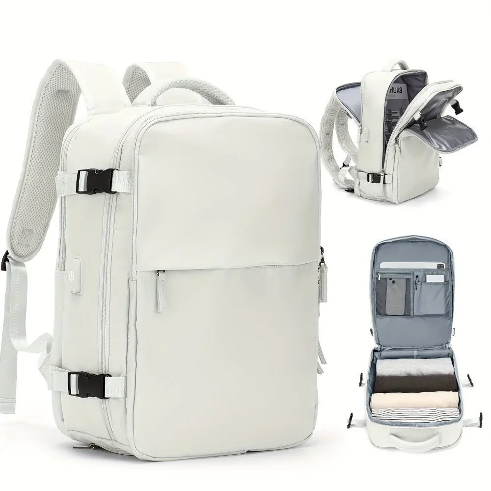 White Waterproof Travel Backpack 15” Laptop Carry-On USB Travel Bag